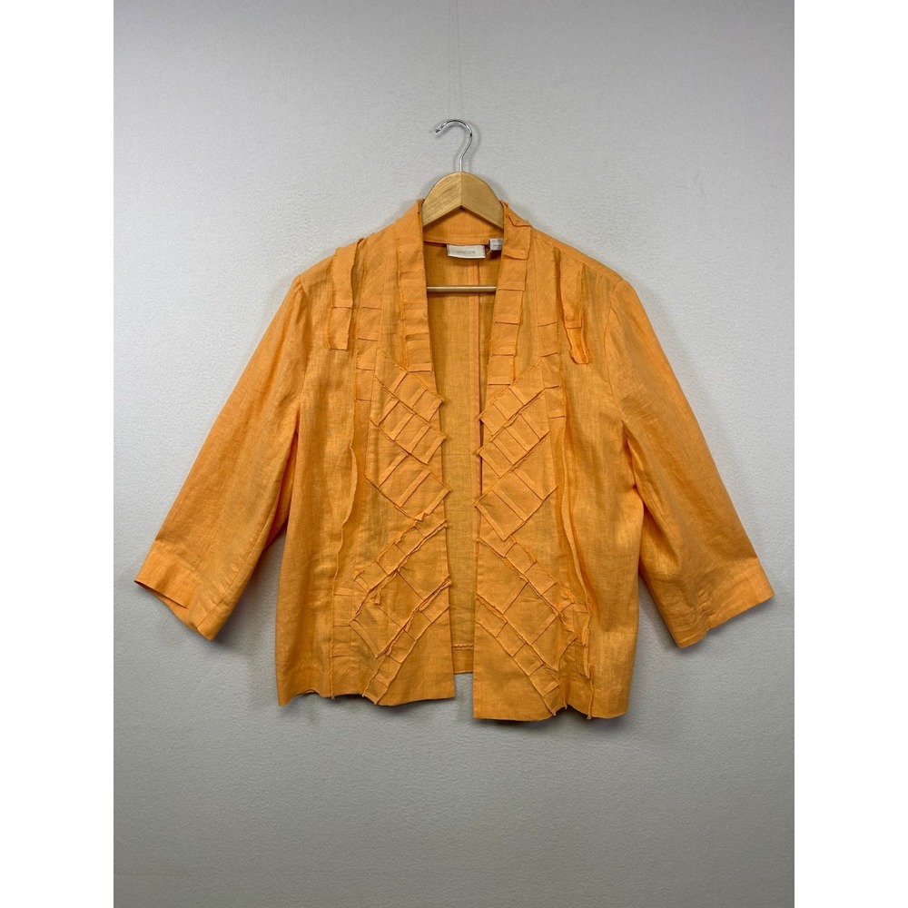 Art to Wear Chicos Womens Size Large Orange Linen Blend Open Front Ribbon Jacket